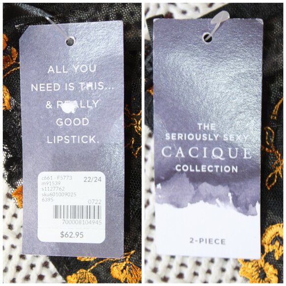 NWT Cacique Embroidered Black & Gold Babydoll 22/24Two Pieces Sheer Sexy Straps - Picture 11 of 11